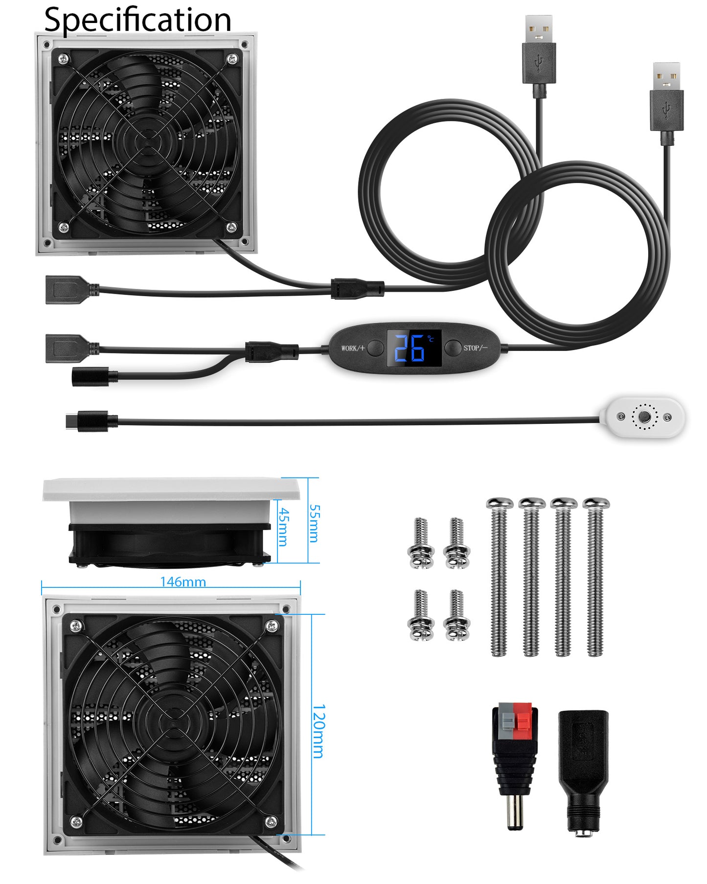 Euroharry GmbH USB 120mm Wohnmobil-Lüftungsventilator with digital temperature display, 10 speeds, gray-white, IPX5 waterproof.