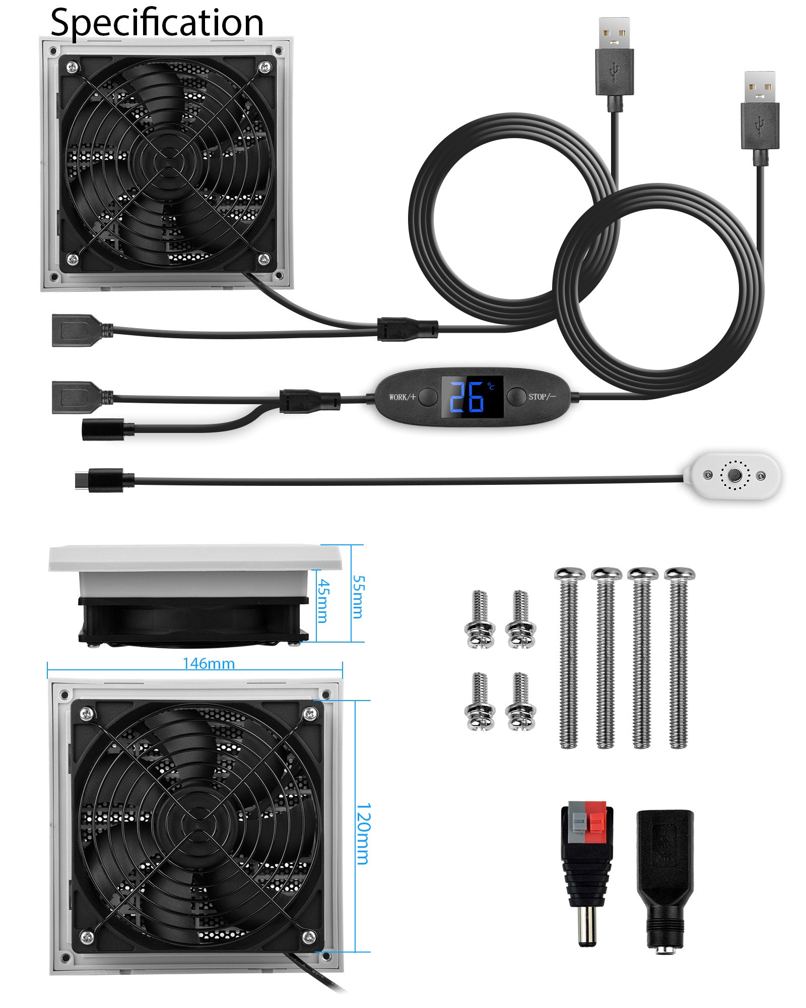 Euroharry GmbH USB 120mm Wohnmobil-Lüftungsventilator with digital temperature display, 10 speeds, gray-white, IPX5 waterproof.