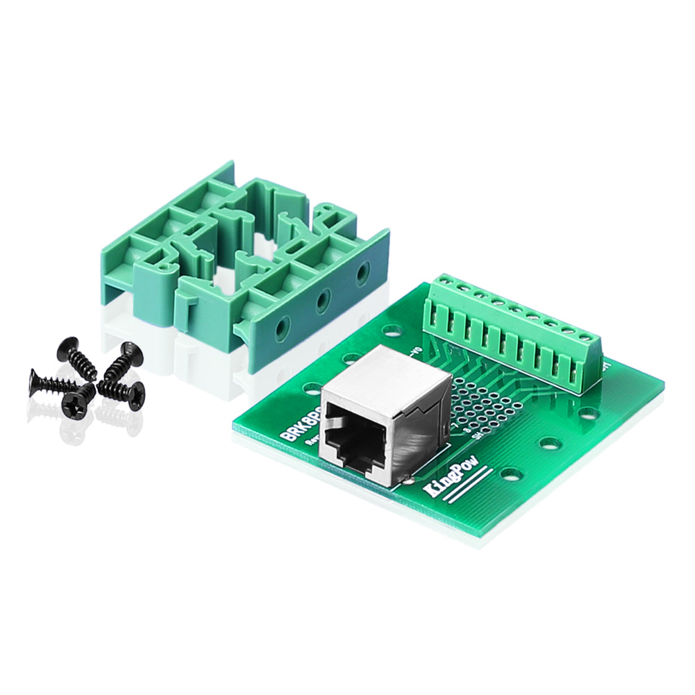 Euroharry GmbH RJ45 8P8C breakout board with screw terminal connections and DIN rail clips, shown with connected Ethernet cables.