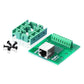 Euroharry GmbH RJ45 8P8C breakout board with screw terminal connections and DIN rail clips, shown with connected Ethernet cables.