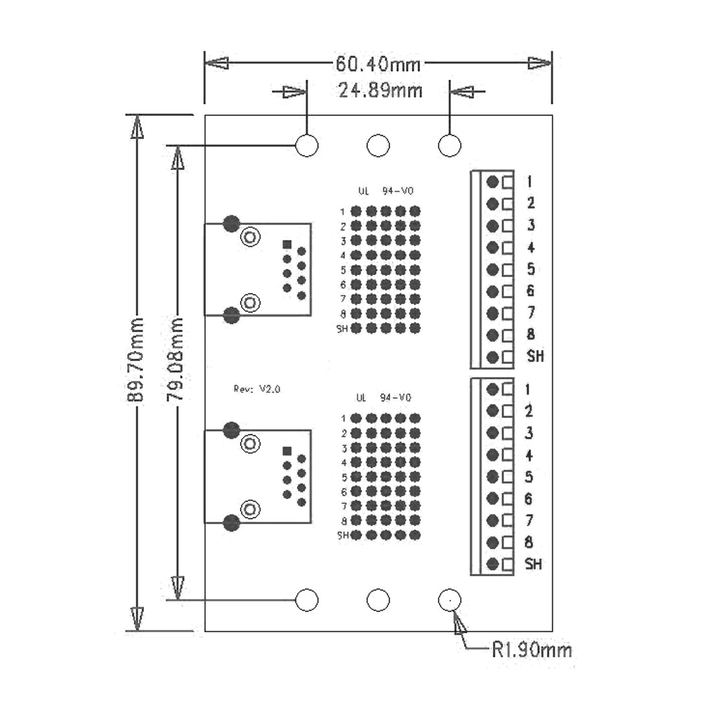 Dual RJ45 / 8P8C auf Schraubklemmen-Breakout-Platine mit DIN-Schienenclips
