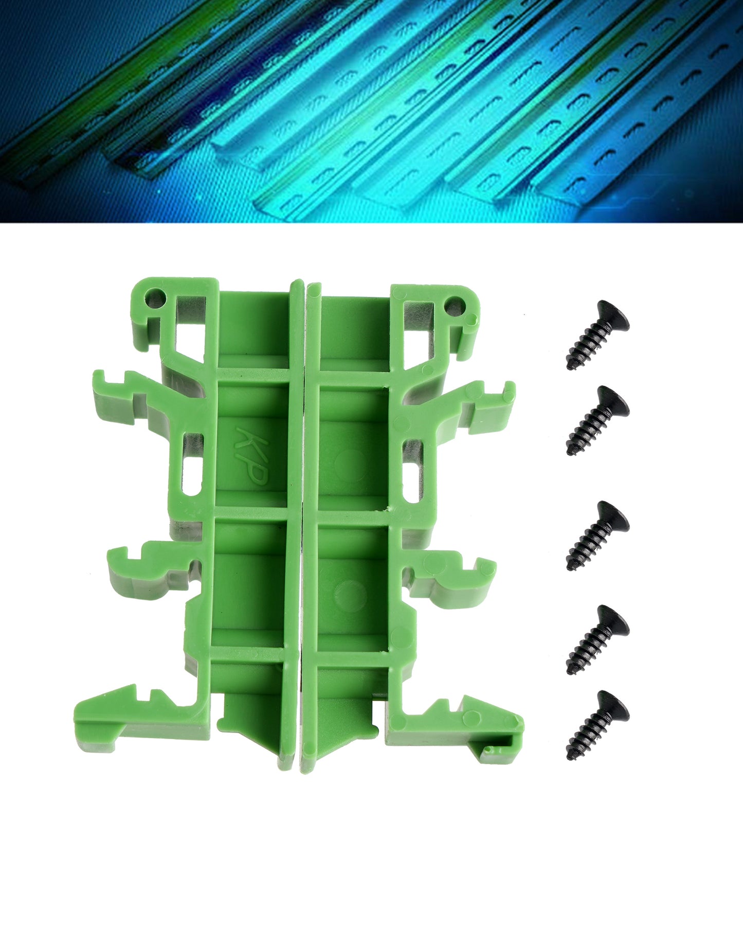 Green DIN rail mounting clip for circuit boards, 10-pack from Euroharry GmbH, designed for secure electronic component installation.