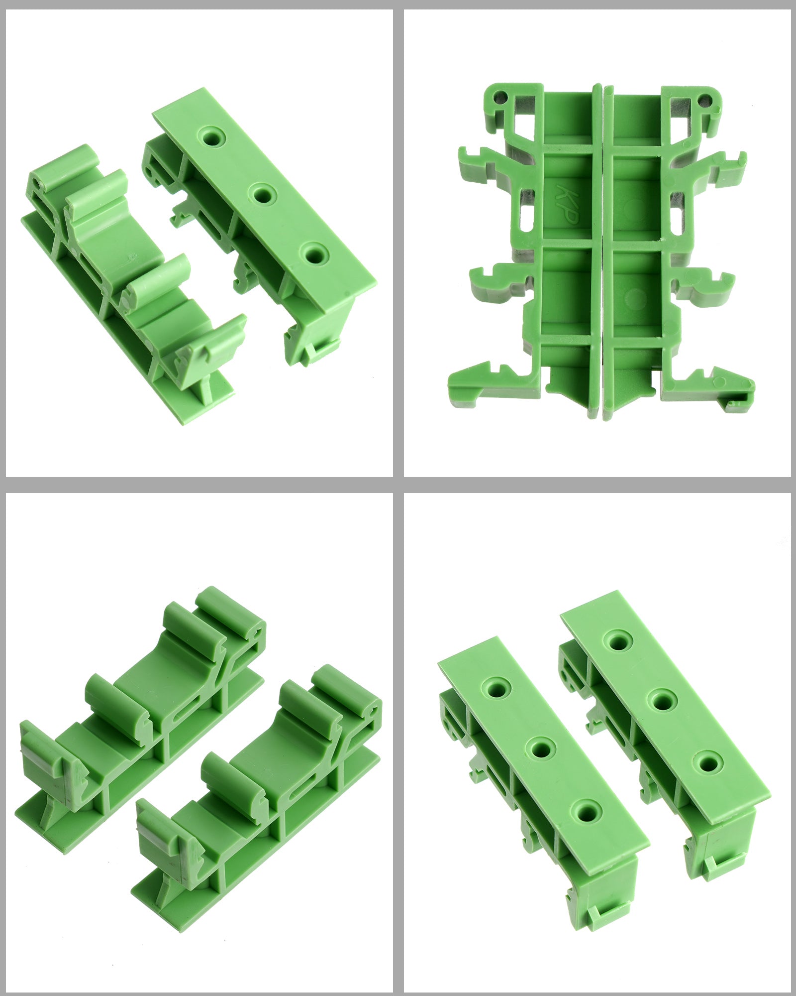 Green mounting clip for DIN-rail circuit boards, 10-pack from Euroharry GmbH, used as a secure holder for electrical components.