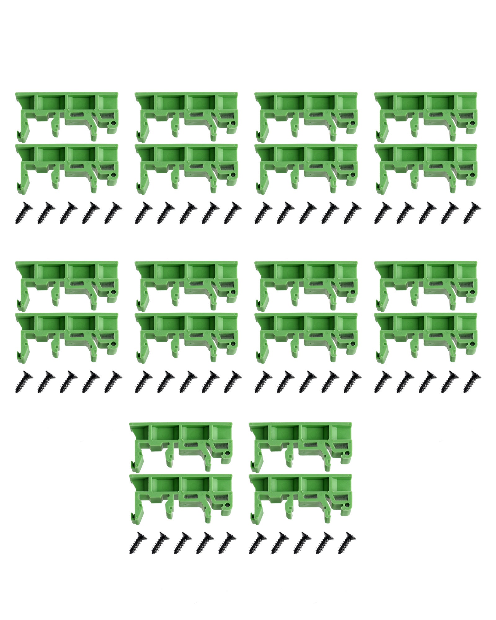 Green mounting clip for DIN rail PCB installation, 10-pack from Euroharry GmbH, suitable for industrial electrical enclosures.