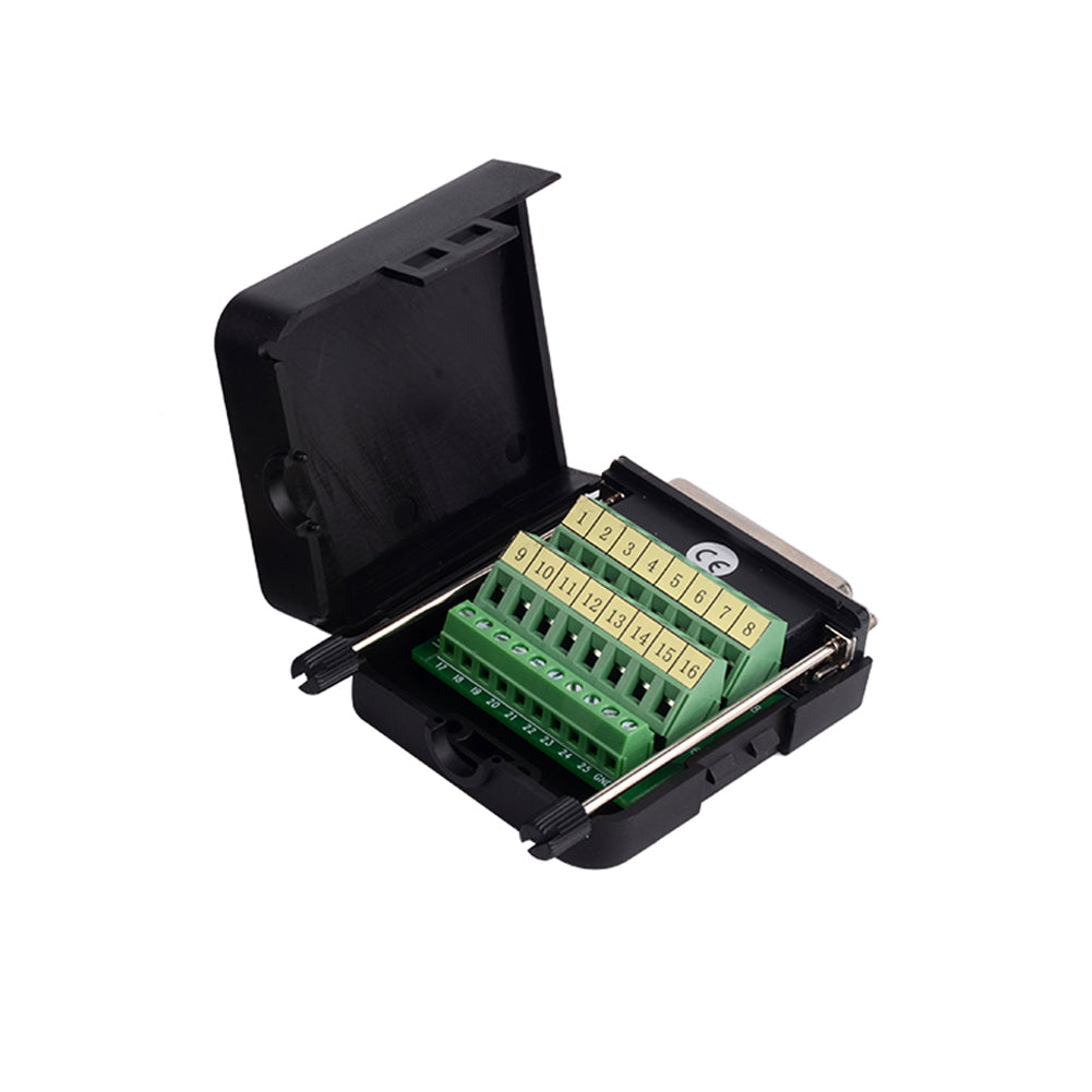 Euroharry GmbH DB25 25-pin terminal adapter with plastic cover, showing the connector and secure connection points.