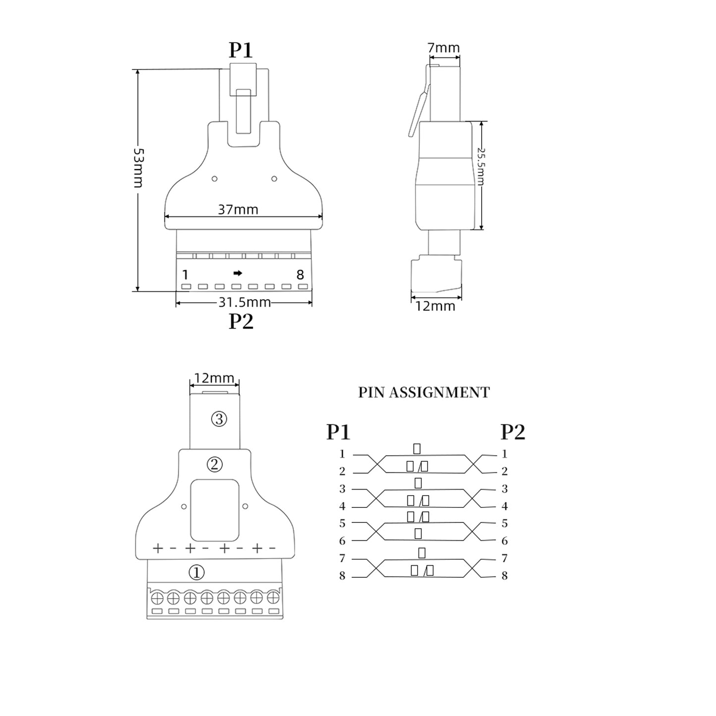 OC-6071M technische Zeichnung - RJ45 Stecker auf 8-polige Schraubklemme, 53 x 37 mm, Klemmleiste 31,5 mm, mit Pin-Belegung P1/P2