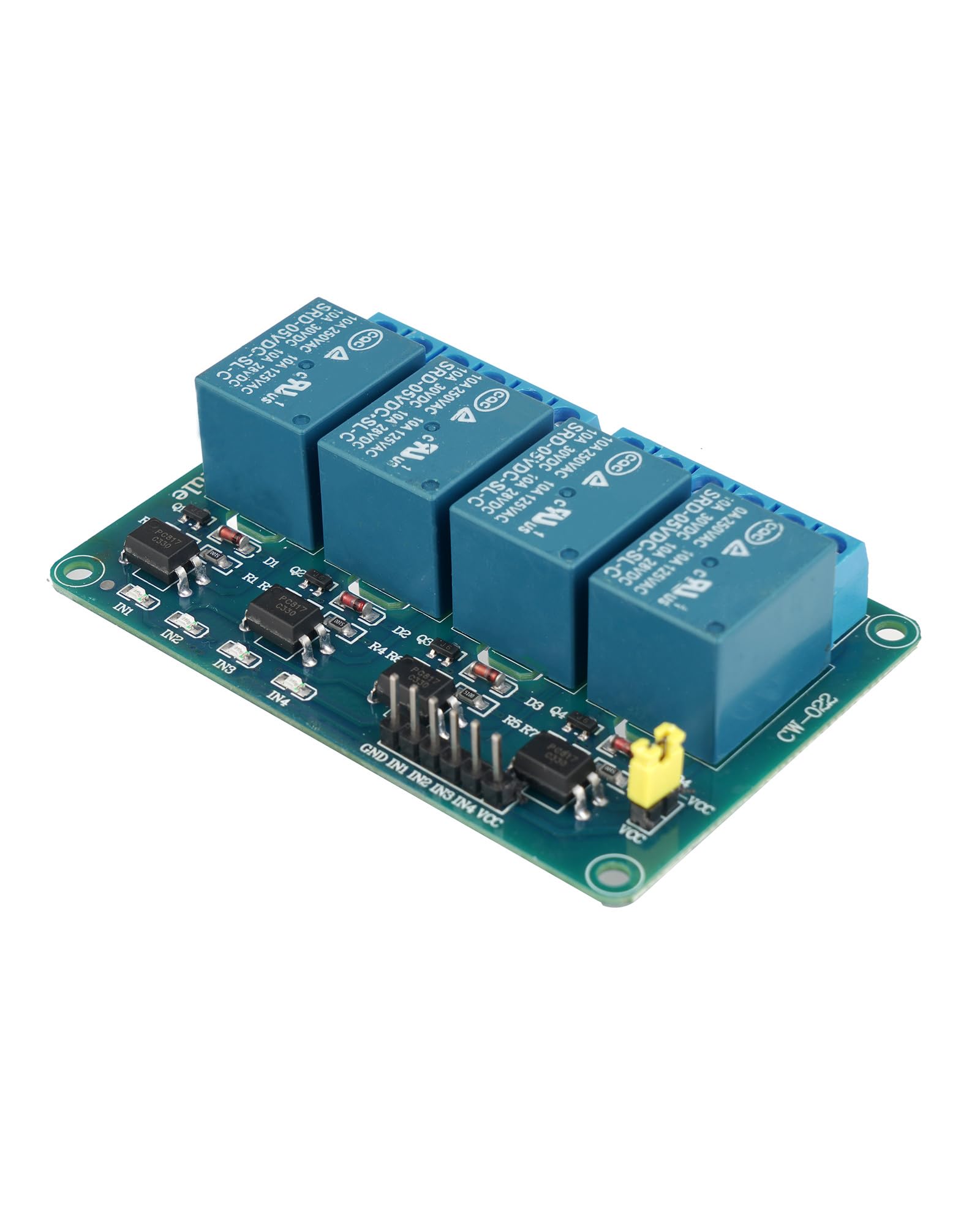Euroharry GmbH 4-channel DC 5V relay module with optocoupler for Raspberry Pi, Arduino, PIC, DSP, AVR, ARM microcontrollers.