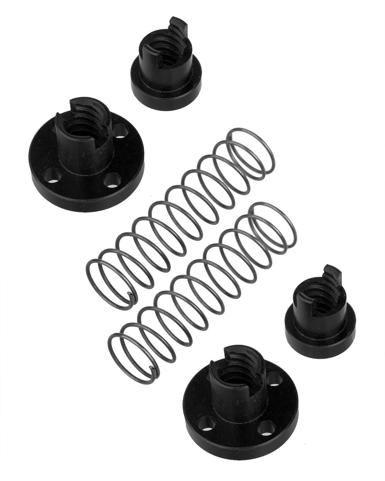 Two euroharry GmbH T8 Acme lead screws with anti-backlash nuts for 3D printers, shown with threaded metal rods and nuts.