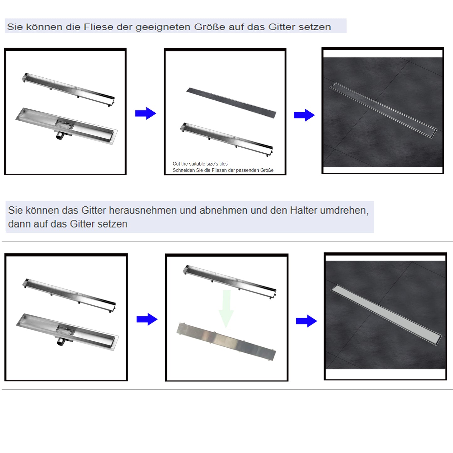 Edelstahl Duschrinne Bodenablauf Abflussrinne Duschablauf Ablauf Befliesbar -Schwarz 2 in 1 *befliesbar - Euroharry GmbH