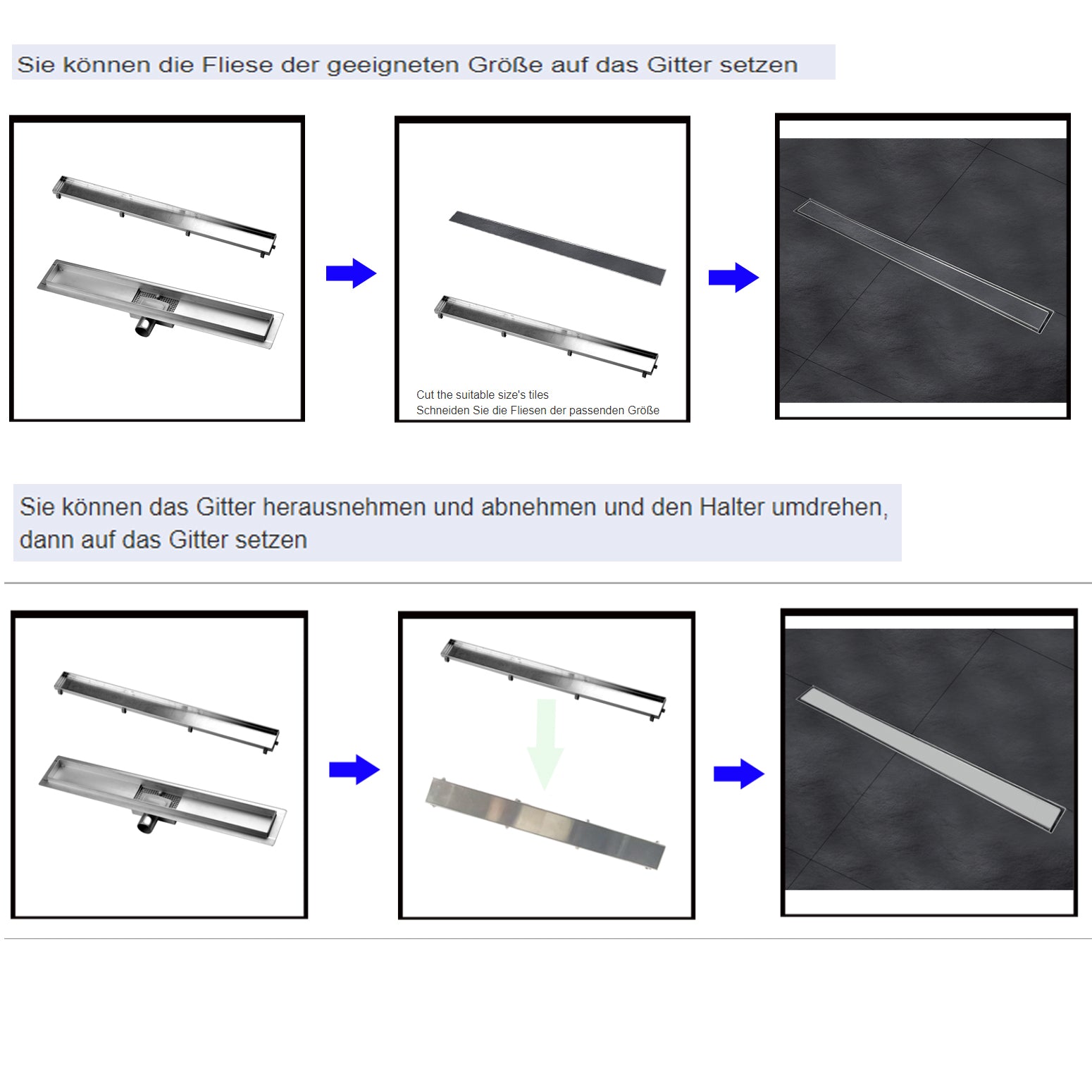 Edelstahl Duschrinne Bodenablauf Abflussrinne Duschablauf Ablauf Befliesbar -Schwarz 2 in 1 *befliesbar - Euroharry GmbH