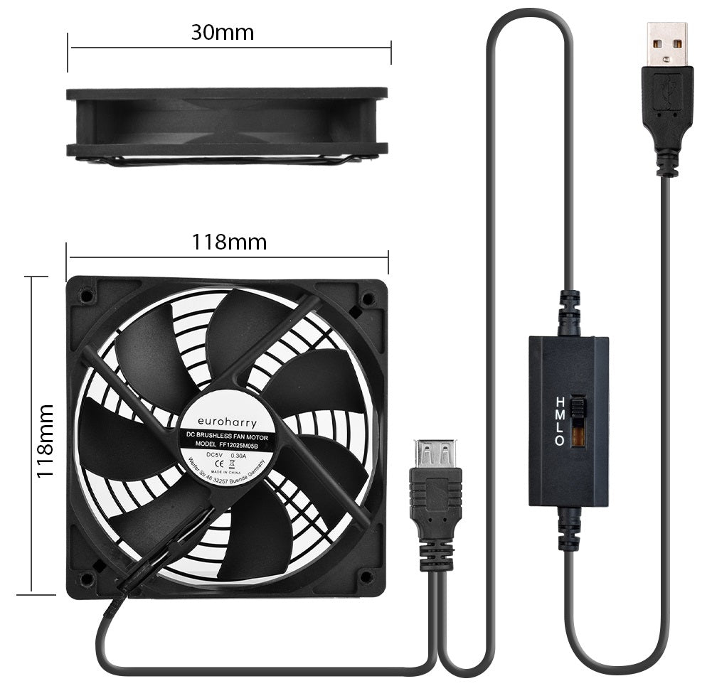 USB Ventilator,120MM Lüfter,Mit 3-Gang verstellbarem 5V/0.3A USB-Lüfter,mit einer modernen gebürsteten schwarzen Aluminiumrahmen,für Heimkino AV Schrank Kühlun - Euroharry GmbH